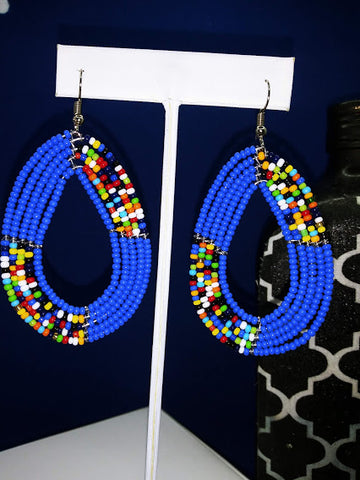 Blue Oval Beaded Earrings