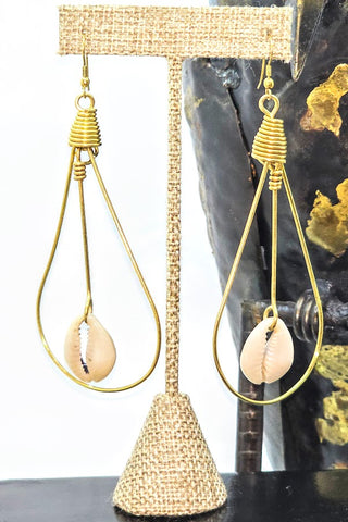 Brass and Cowrie Shell Raindrop Earrings